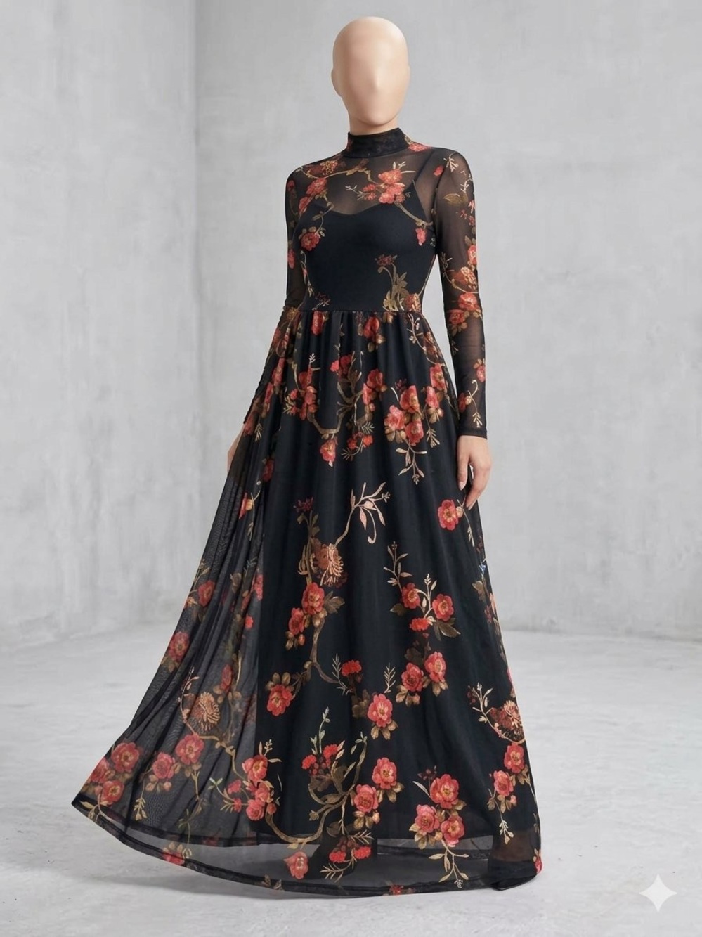 Vero Moda Black Long-Sleeve Floral Maxi Dress with Pink Roses